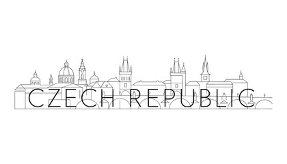 Obraz premium Elegant line art illustration of the historic prague skyline with czech republic text on a white background.