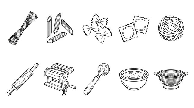 Black and white illustration of various pasta making tools and ingredients