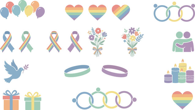 Set of soft neutral LGBTQ support icons featuring rainbow hearts ribbons and unity symbols for pride celebration