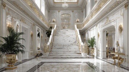 Fototapeta premium Elegant and Exquisite Interior of a Grand Staircase with Marble Floors and Ornate Decorations in a Luxuriously Designed Hallway