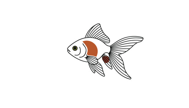 Delicate line drawing of a fancy goldfish swimming gracefully with beautiful long fins and two red patches.