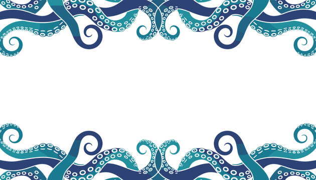 Creative symmetrical frame designed with swirling blue and turquoise octopus tentacles on a plain white background.