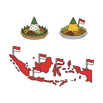 Indonesian Map and Tumpeng Rice Independence Day Vector Icons
