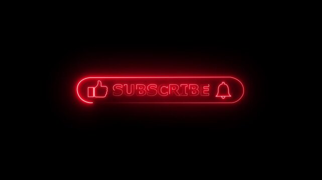 Neon red subscribe button animation with like and notification bell for social media channels glowing
