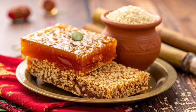 Traditional Indian sesame and jaggery sweet bars (Til Chikki) on a brass plate
