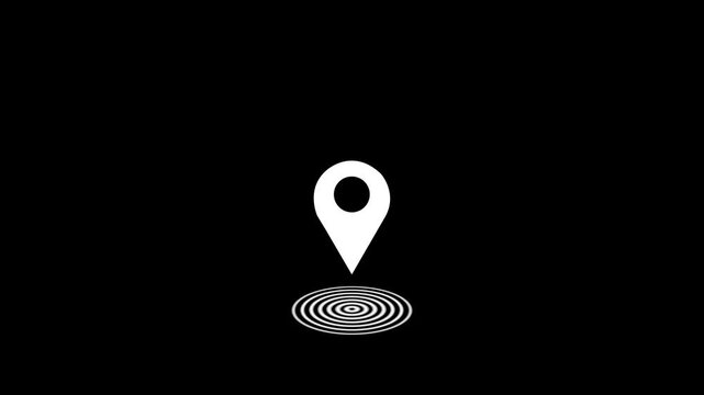 Animated map pin with expanding radar pulse effect on black background, location marker navigation geolocation