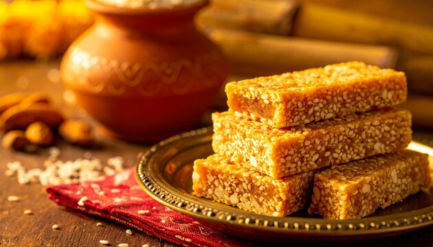 Traditional Indian sesame and jaggery sweet bars (Til Chikki) on a brass plate