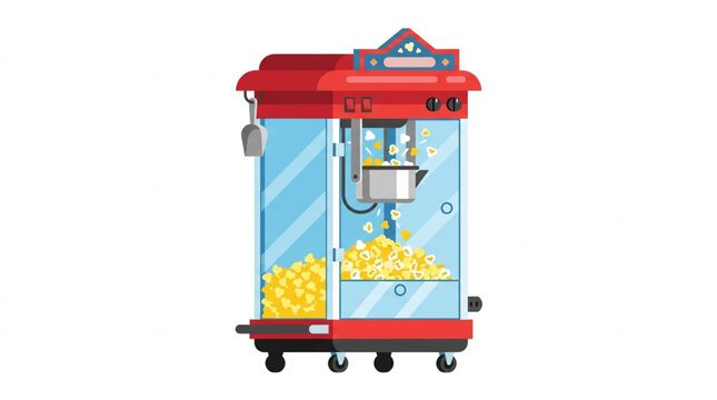 A retro red popcorn machine with a glass enclosure, making fresh popcorn with a metal scoop and a clear white background, conveying movie night nostalgia and fun