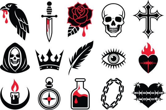 Gothic tattoo set featuring raven dagger skull rose cross and mystical icons in black and red vintage artistic style.