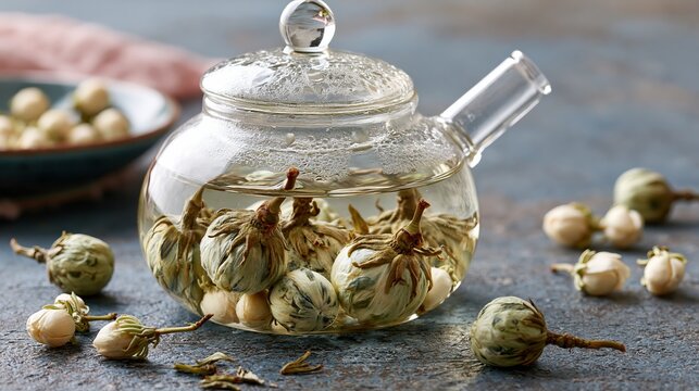 A glass teapot filled with delicate white tea buds steeping, surrounded by loose leaves on a rustic wooden surface, a calming beverage