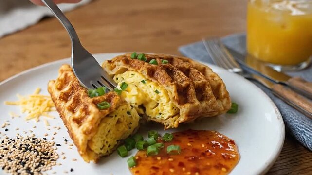 A savory egg waffle served on a white plate for breakfast