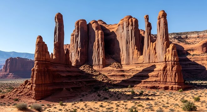 Red rock formations stand tall in desert landscape with sandy terrain and clear blue sky