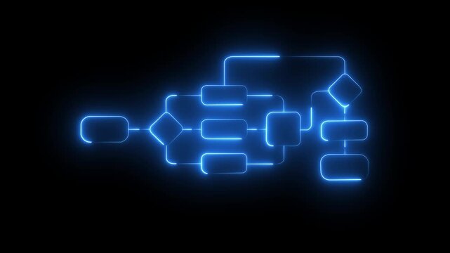 Neon blue flowchart diagram animation, digital process logic and data workflow concept