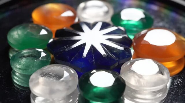 Collection of colorful faceted gemstones including sapphire, emerald, and citrine arranged on a reflective surface.