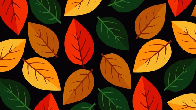 Seamless autumn leaf pattern with red, yellow, green, and brown leaves scattered across a black background. Perfect for seasonal videos, holiday themes, nature projects, and looping backdrops.
