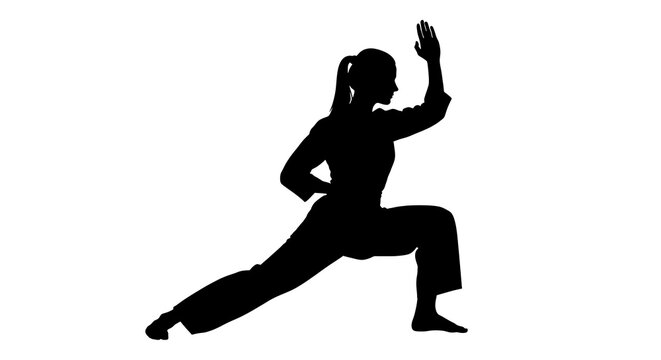 Black silhouette of a woman practicing karate martial arts