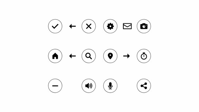 Set of simple flat icons for approval, navigation, communication, and media actions