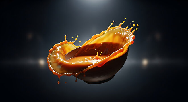Orange liquid splash with fire sparks on dark background