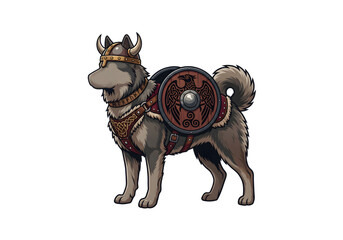 Gray husky viking dog with shield png on transparent background © ABDERRAHMANEHOUSSAM