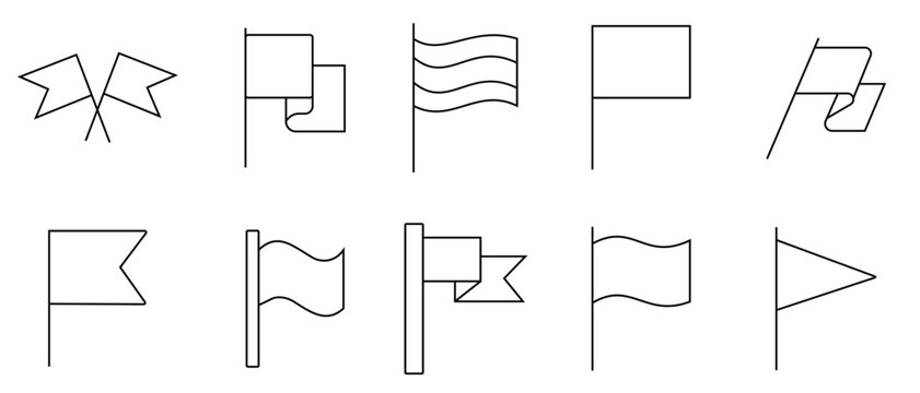 Flag icon set.  Linear icon collection. location marker, waving pennant, bookmark, pin minimal vector illustrations. Simple outline signs for web map application. 
