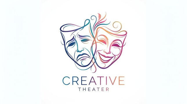 Elegant artistic line art of theatrical comedy and tragedy masks for creative branding icon.