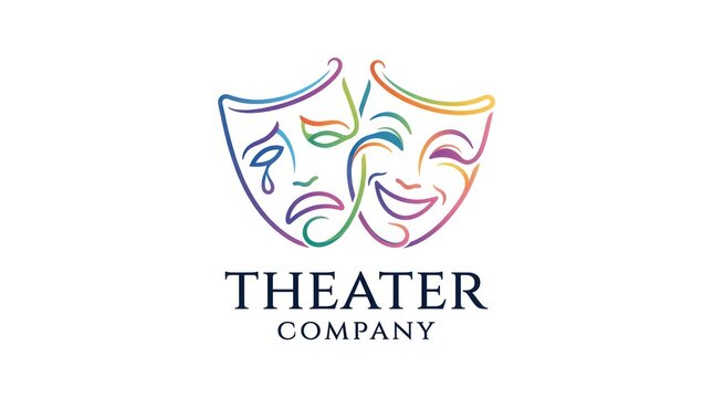 Minimalist outline theatrical masks logo for theater company arts and performance center.