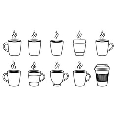 Obraz premium Coffee cup set with minimalist black and white line art grid arrangement featuring coffee, mugs, steaming with minimalist and vector