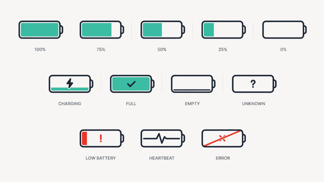 Battery level and status icons set with percentage and symbols