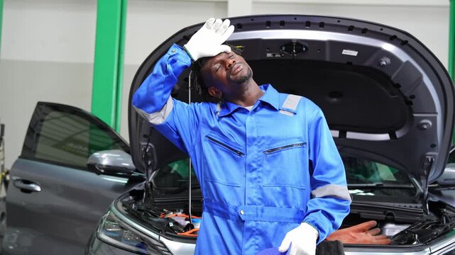 Automotive technician engaged in multiple tasks while servicing a vehicle in a garage environment