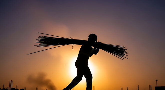Man carrying wooden logs in sunset light