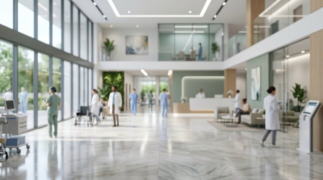 Modern hospital lobby medical center blurred interior healthcare facility doctors nurses clinic reception hallway hospital background