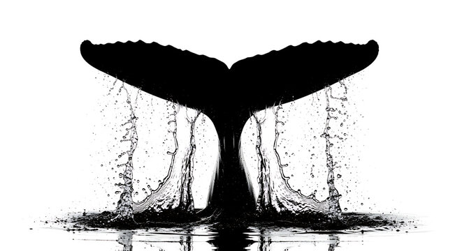 Black silhouette of a whale tail splashing in the ocean