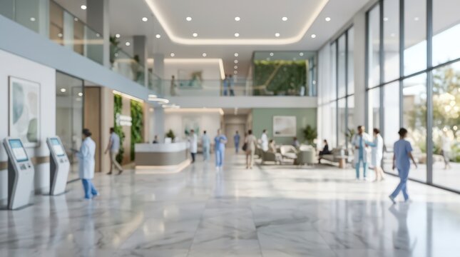 Modern hospital lobby blurred medical clinic interior healthcare staff doctors nurses bright wellness center atrium architecture