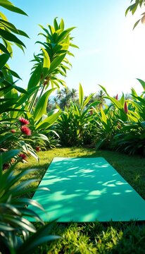 Sunlit exercise mat surrounded by lush greenery, serenity, relaxation