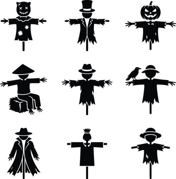 Black silhouette set of scarecrows and farm field figures with scarecrow