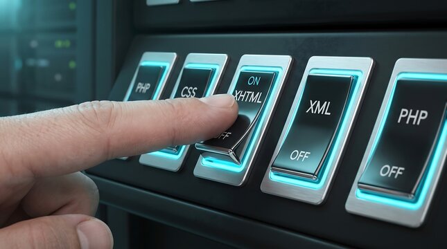 Finger Pressing XHTML Button On Control Panel In Server Room For Web Development Hosting Concept Background Website