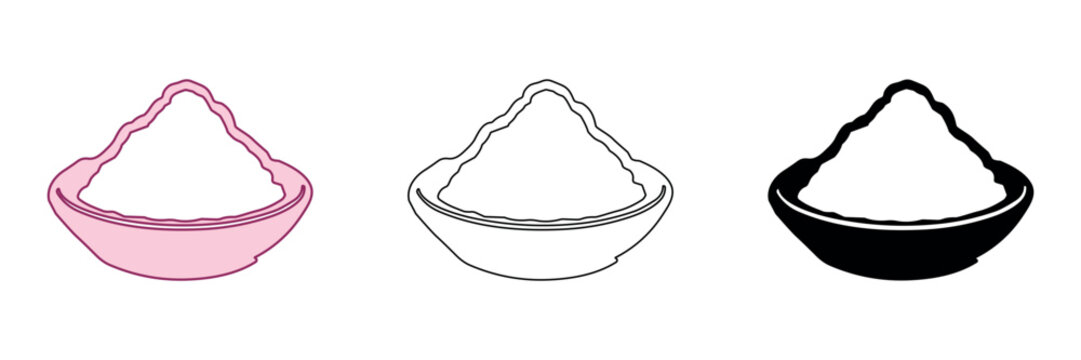 Pile of powder in a bowl, presented in three distinct icon styles