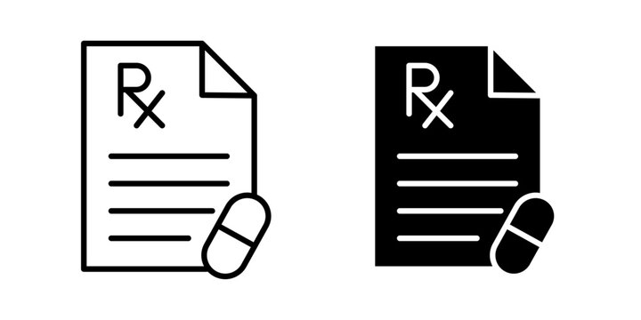 RX icon in solid fill style, displayed on a white background in black color. Represents medical prescriptions, pharmacy services, and healthcare. Ideal for hospital systems, pharmacy apps, prescriptio