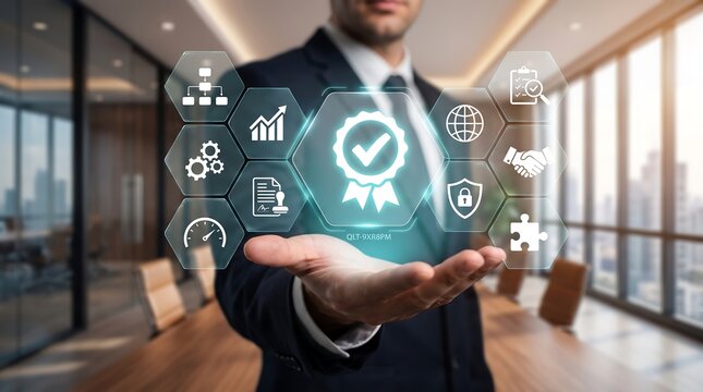 Businessman holding quality assurance digital hologram for corporate standard certification management banner concept.