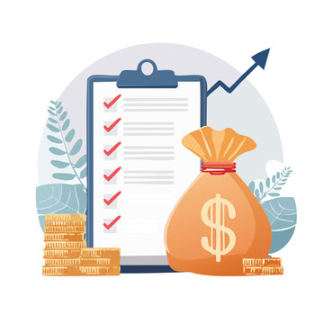 Financial success checklist with money bag and coins vector
