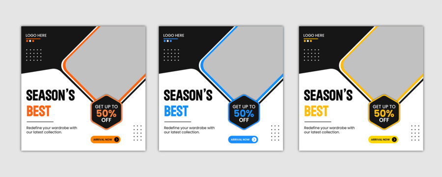 Three square web banner templates for season best sale with dark and light color scheme.
