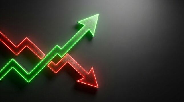 Glowing green upward and red downward neon arrows crossing on a dark background representing financial market trends and volatility.
