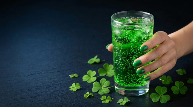 Hand holding a glass of bubbly green drink with shamrocks scattered on a dark surface, symbolizing luck and St. Patrick's Day