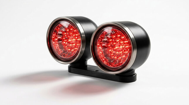 Close-up of a dual red LED light assembly, its reflective surface and metallic trim create a sleek look, symbolizing automotive technology and safety