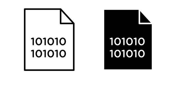 Binary code icon in solid fill style, displayed on a white background in black color. Represents binary data, programming, digital computing, and software development. Ideal for coding platforms, tech