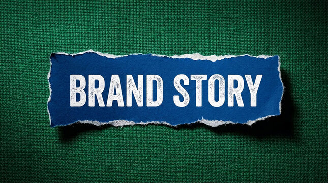 Torn blue paper strip with white text "BRAND STORY" on textured green background, symbolizing marketing narrative and identity.