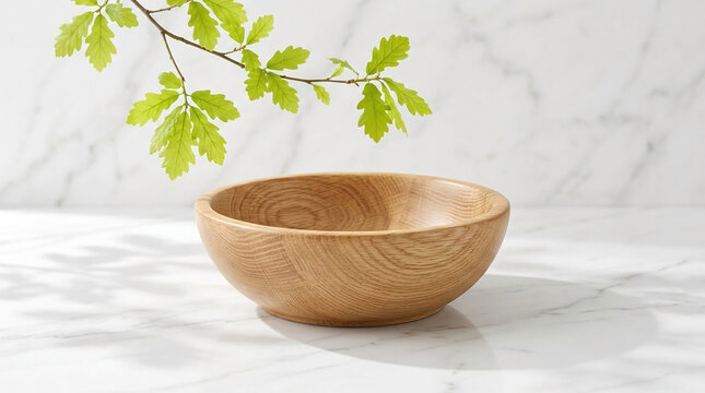 Wooden bowl on marble surface with fresh green oak leaves, symbolizing nature, freshness, and organic living, ideal for eco-friendly concepts.