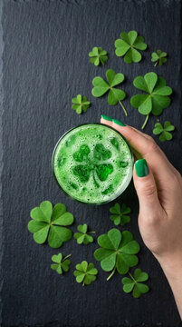 Green clover arrangement around a frothy drink, symbolizing luck and St. Patrick's Day, perfect for festive promotions or drink advertisements