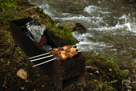 Cooking marinated shashlik on a homemade grill by the river. Outdoor recreation concept.