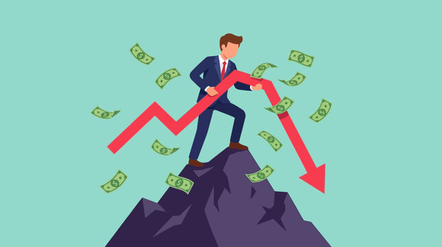 Financial Crisis Concept. Businessman on mountain holding falling red arrow with flying money, ideal for economic news, bankruptcy articles, and market crash reports.